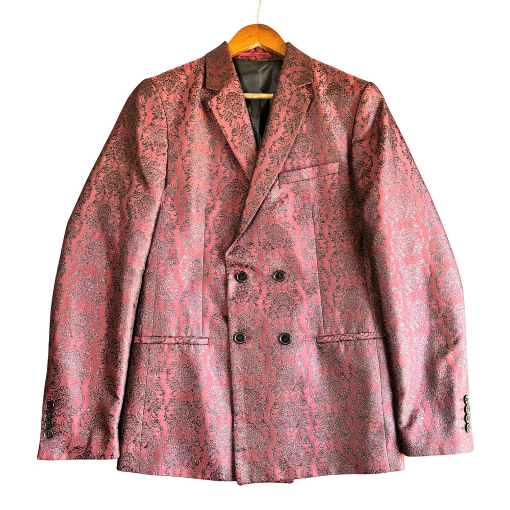 Bolongaro Trevor Mens Blazer 40 Burgundy Lurex Metallic Damask Double Breasted